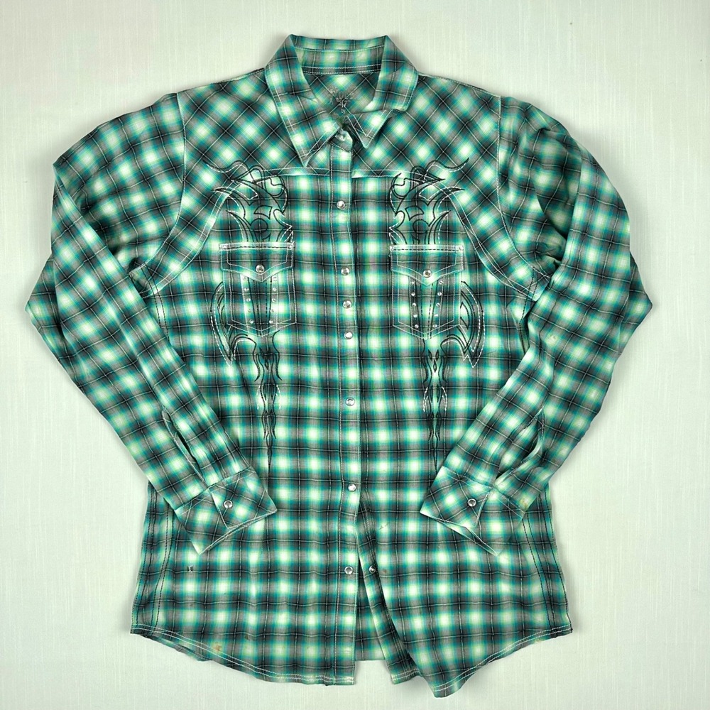 Rock 47 by Wrangler Womens Green Plaid Embroidered Rhinestone Snap Shirt Large